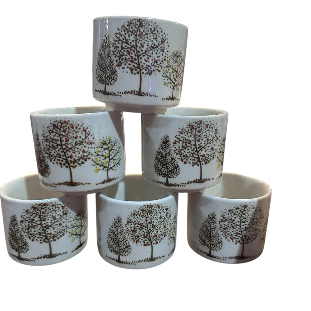 Vintage Style Ceramic Teapot Set with 6 Cups Tree‎ Pattern Woven Handle rustic